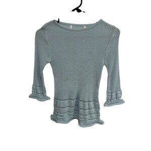 Womens Light Blue Ruffle Hem Sleeves 3/4 Sleeve Ribbed Knit Top Pullover Girly